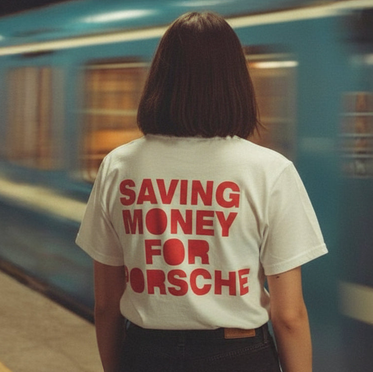 Person standing on a train platform wearing a white t-shirt with 'SAVING MONEY FOR PORSCHE' text.